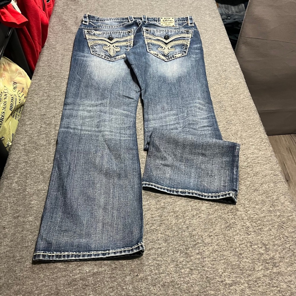 Rock Revival Potts Slim Boot Jeans Mens 36x32 Blue Distressed Embroidered Pocket